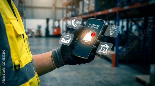 Smart warehouse logistics management app, worker holding smartphone with integrated fleet hub interface, digital supply chain automation technology