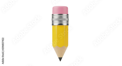 Bild auf Leinwand Short yellow pencil with pink eraser and silver ferrule, white
