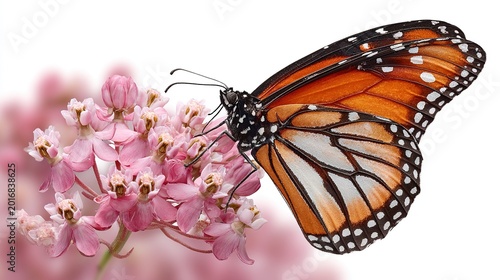 Vibrant monarch butterfly with detailed orange and black wing patterns feeding on delicate pink milkweed flowers, isolated on clean white background.