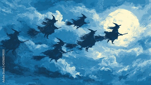 Pattern of flying witches silhouetted against luminous full moon night sky background, magical nocturnal creatures soaring on broomsticks in repeating formation. 
