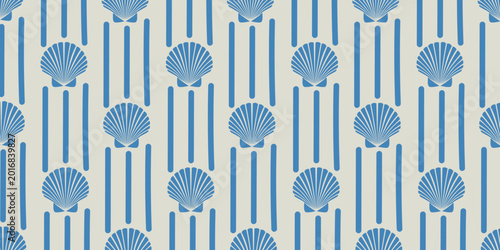Photos Blue seashell seamless pattern with nautical vertical stripes on off-white background