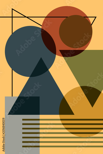 Abstract geometric poster with overlapping circles, triangles, and lines in earthy tones. Modern minimalist wall art.
