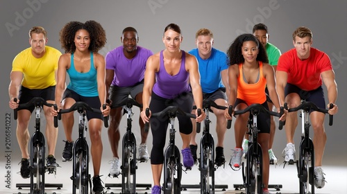 Diverse Group of People Exercising at Home on Stationary Bikes