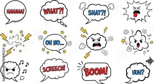 Foto A vibrant collection of comic book style speech bubbles and emotional expressions featuring popular onomatopoeia like BOOM! and SCREECH!