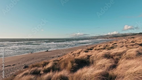 Wide angle of windy Sonoma Coast beach with golden dunes and crashing waves at sunset