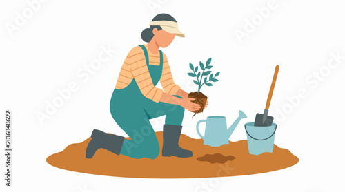 Photos Woman planting a sapling in soil with gardening tools