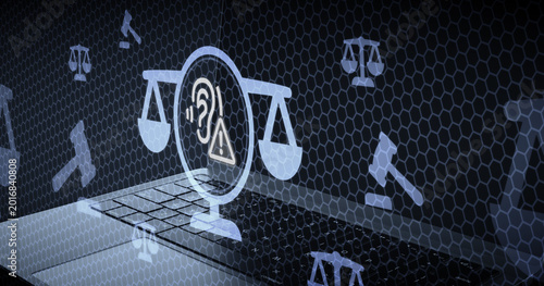 Foto Digital legal warning concept with an ear listening icon and balance scale symbo