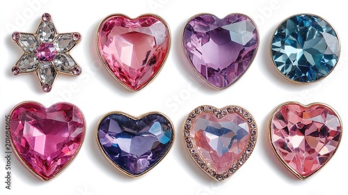 Glamorous star and heart shaped jewels sticker set arranged on clean white background, sparkling gemstone decals with shiny metallic finish.