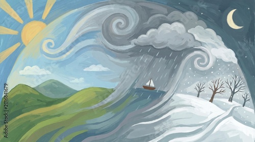 Animated landscape with colorful hills and trees concept. A colorful depiction of changing weather patterns and seasons.