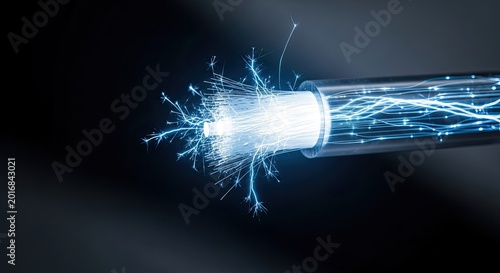 Fiber optic cable glowing with blue light and sparks, technology concept