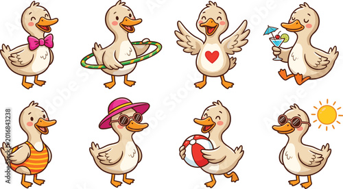Quadro su tela Cute Cartoon Ducklings Summer Vacation Collection Vector Illustration Set Isolat