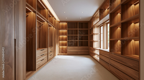 Luxury Wardrobe Room with Built In Wood Shelving and Warm Lighting in Modern Home Interior
