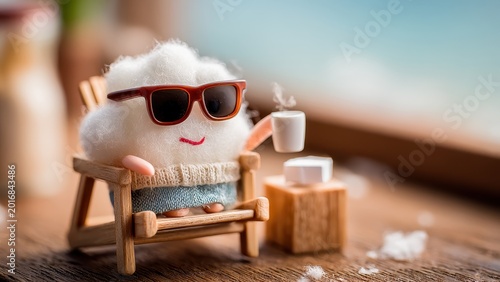 Cute cloud toy wearing sunglasses sitting on a miniature chair with a coffee cup, relaxing mood