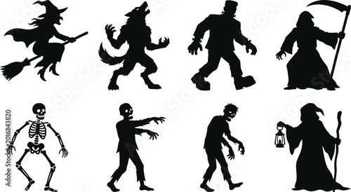 Foto Vector illustration of Halloween monster silhouettes, witch, werewolf, zombie, s