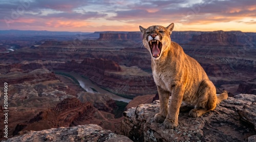 A mountain lion sitting on a rocky outcrop with its mouth open, overlooking a vast canyon landscape at sunset with warm, golden tones and a serene mood.