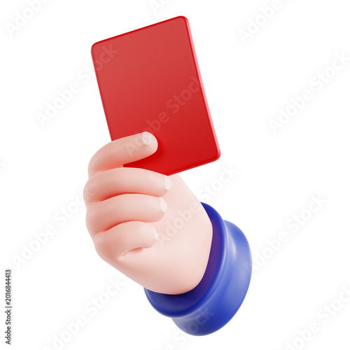 3D icon of a hand holding up a red card. Penalized gesture for soccer or football tournament referee. Isolated with transparent background.
