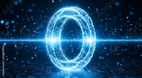 Futuristic Digital Ring with Glowing Particles and Light Effects.