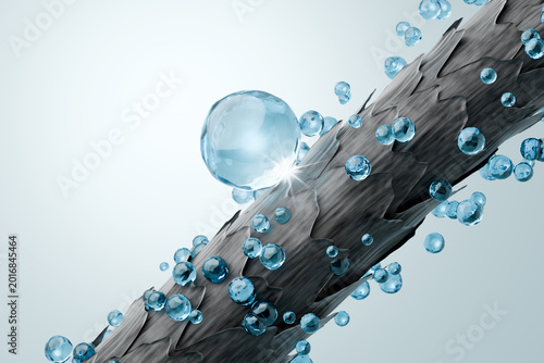 Blue nourishment reacting with damaged hair cuticle and split keratin fiber in microscopic macro view 3D rendering
