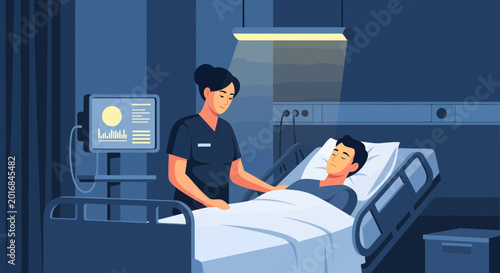 Nurse caring for patient in hospital room at night