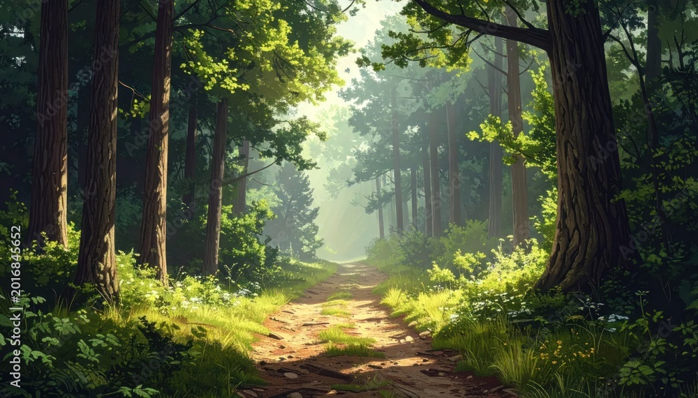 Fototapeta premium Sunlit Forest Path Bathed in Golden Morning Light.