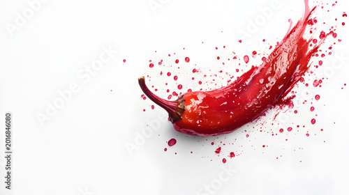 Red hot chili pepper splashing into vibrant red liquid on a clean white background, dynamic food photography