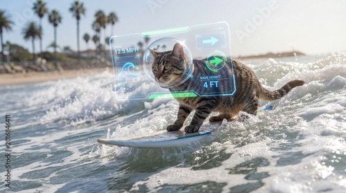 Cat in sunglasses surfs ocean wave concept. A playful cat surfing on a wave at the beach with cool tech.