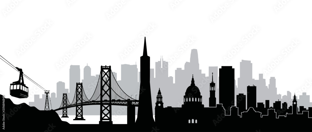 Obraz premium San Francisco city skyline silhouette featuring cable car golden gate bridge and transamerica pyramid