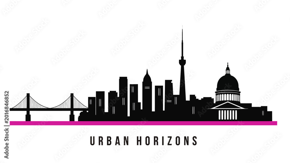 Obraz premium Urban city skyline silhouette graphic with modern skyscrapers bridge and pink accent line