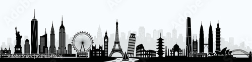 Bild auf Leinwand Global world landmark skyline silhouette featuring famous international travel d