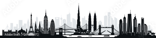 Cuadro en lienzo Famous world landmarks panorama city skyline silhouette global architecture tour