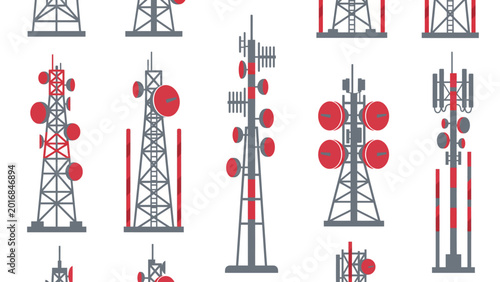 Telecommunication towers flat icons set radio antenna satellite dish cell mobile communication network transmission mast vector