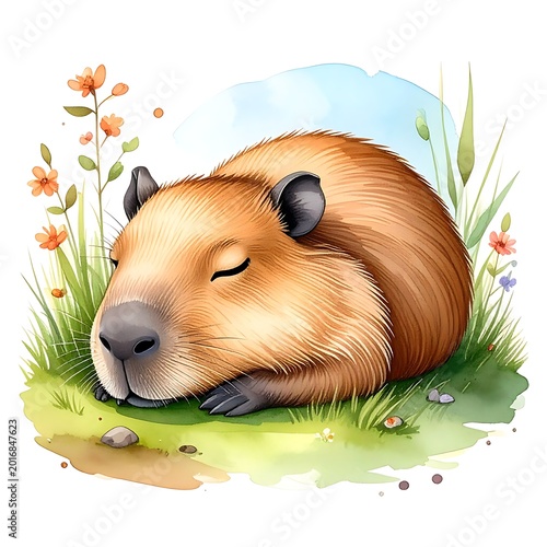 A serene capybara rests in a lush meadow with flowers