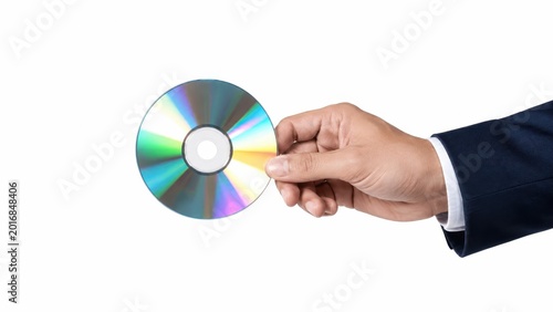 Adult hand in navy suit holding iridescent compact disc on white background for premium digital media concept