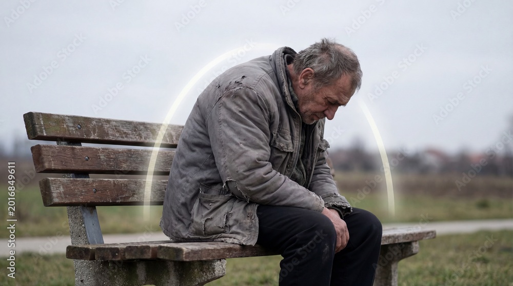 Fototapeta premium Inside the mind of a person facing depression concept. A somber man sitting alone on a bench, reflecting on life.
