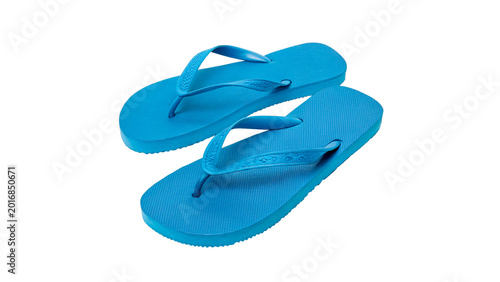 Foto Pair of blue rubber flip-flops for summer beach vacation and relaxed poolside le