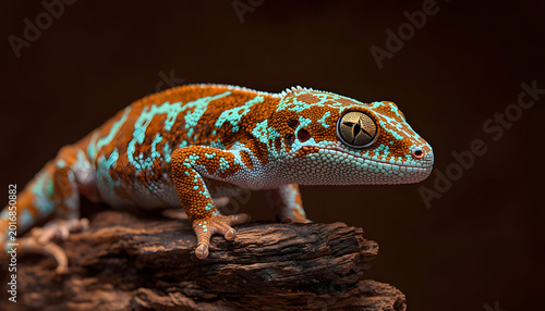 Tokay gecko displaying vibrant cyan patterns and orange spots in a side profile macro shot for herpetology research and wildlife advertising