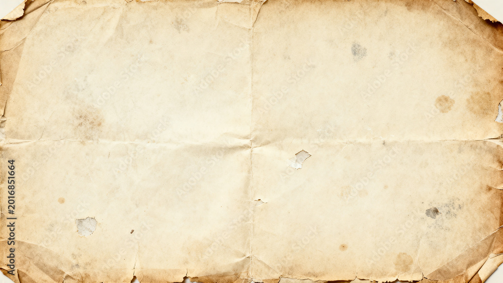 Fototapeta premium Vintage aged paper background with a distressed and crumpled texture, showcasing a faded sepia tone and antique feel