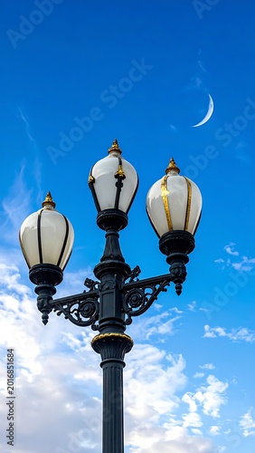 A serene lamp post under a blue sky with clouds and moon