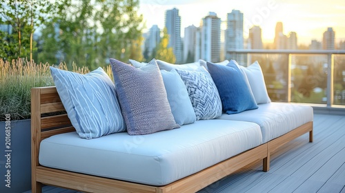 Wooden outdoor sofa with blue decorative pillows on a modern apartment rooftop terrace overlooking a city skyline during a warm golden hour summer sunset scene