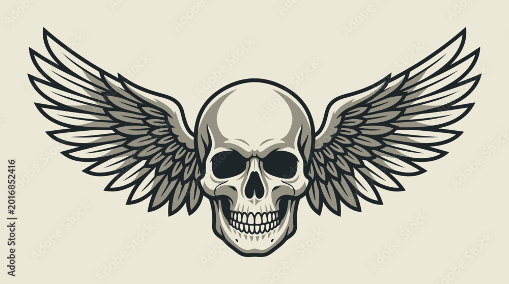Fototapeta premium An artistic illustration of a human skull with large, spread wings, symbolizing freedom or mortality in a dark, Gothic aesthetic