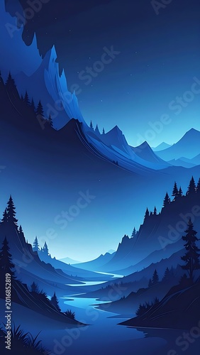 A serene nocturnal mountain landscape with a glowing river