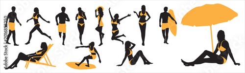 Schilderij op canvas Beach activity silhouette collection isolated on white background