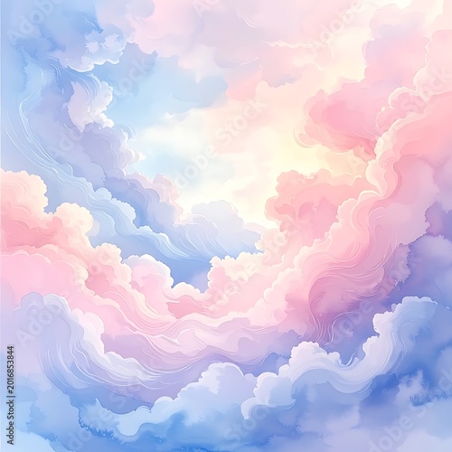 A serene pastel-colored cloudy sky with soft pink, blue, and yellow hues
