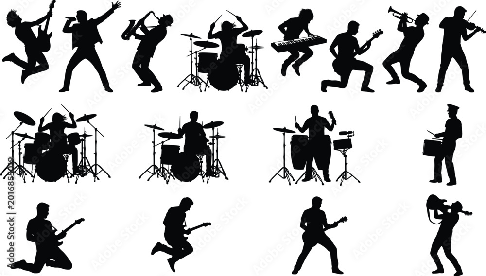 Obraz premium Musician Silhouette Icon Collection Featuring Guitarists, Drummers, Saxophone, Trumpet, Violin, Keyboard, and Percussion Performers