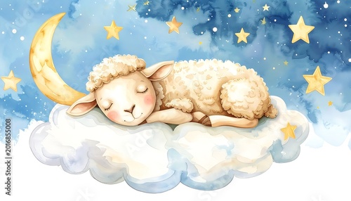A serene sheep sleeps on a cloud under a starry night sky