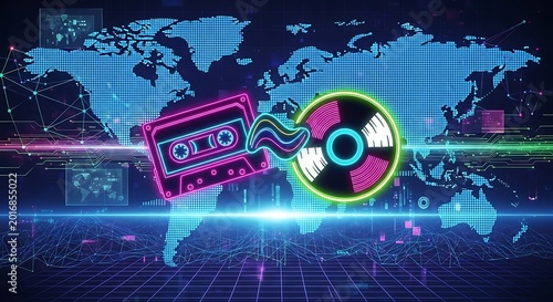 Futuristic Digital Music and Technology Visualization with Neon Elements.