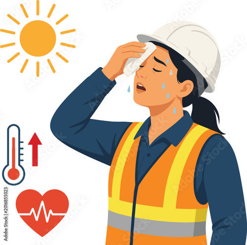Vector flat design illustration of female construction worker suffering from heatstroke for safety awareness posters