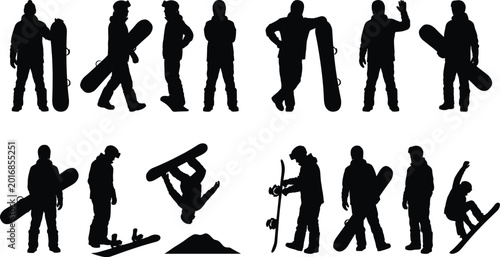 Bild auf Leinwand Snowboarder Silhouette Icon Collection Showing Standing Poses, Tricks, Riding Ac