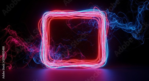Vibrant Neon Light Frame with Electric Smoke Effects in Dark Background.