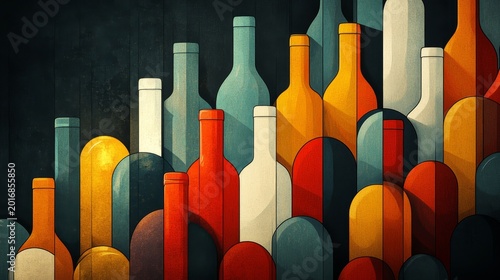 A colorful illustration of wine bottles and glasses, arranged in an abstract pattern on the right side of the canvas The background is a dark gray with subtle gradients, Generative AI